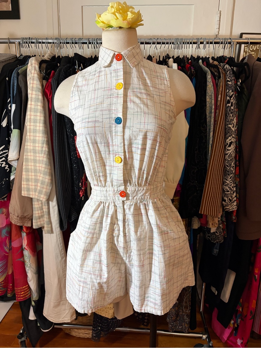 VINTAGE 80s Pastel Plaid Sleeveless Romper Rainbow Buttons